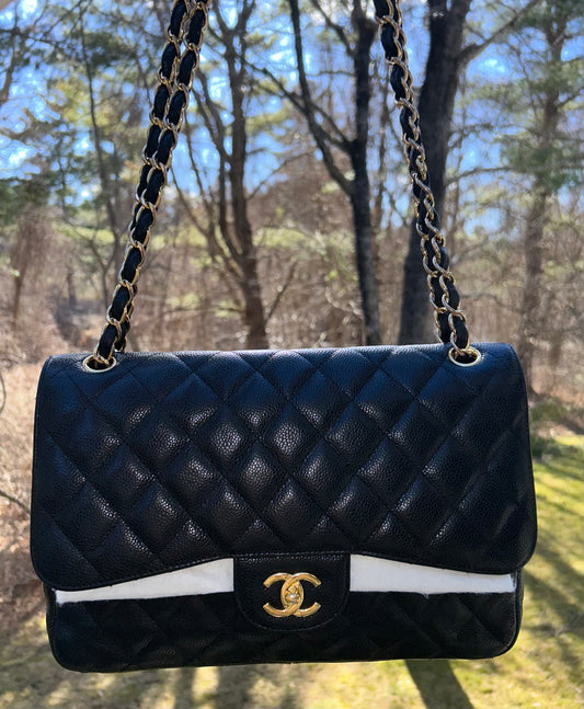 CHANEL Classic Jumbo Double Flap Quilted Caviar Leather Handbag Black/Gold