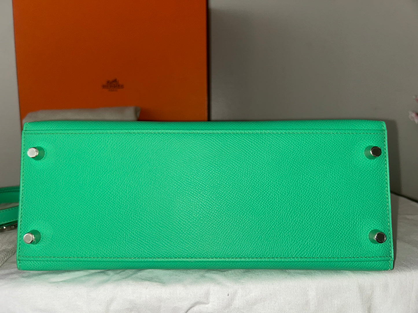 HERMÈS Kelly Sellier 28 Vert Comics Epsom Palladium Hardware Handbag