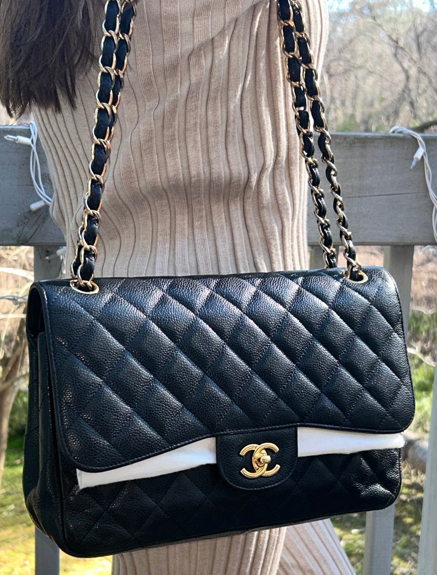 CHANEL Classic Jumbo Double Flap Quilted Caviar Leather Handbag Black/Gold