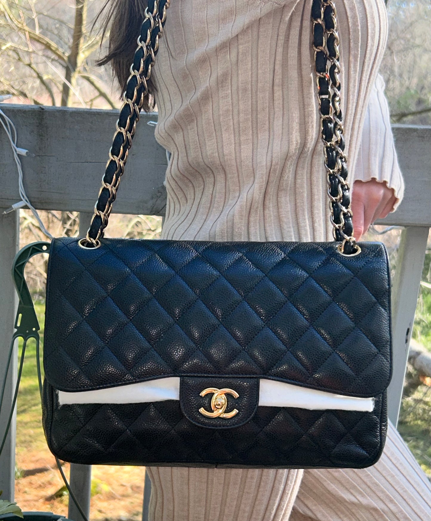 CHANEL Classic Jumbo Double Flap Quilted Caviar Leather Handbag Black/Gold