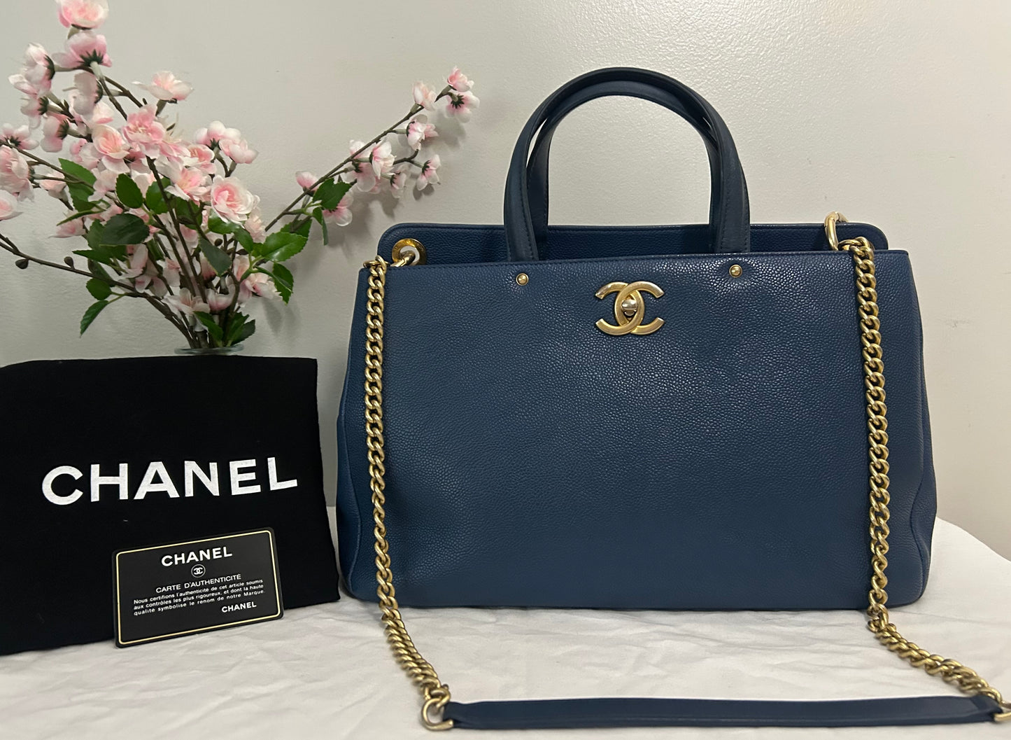 CHANEL CC Lock Large Shopping Tote Bag Caviar Leather Navy Blue