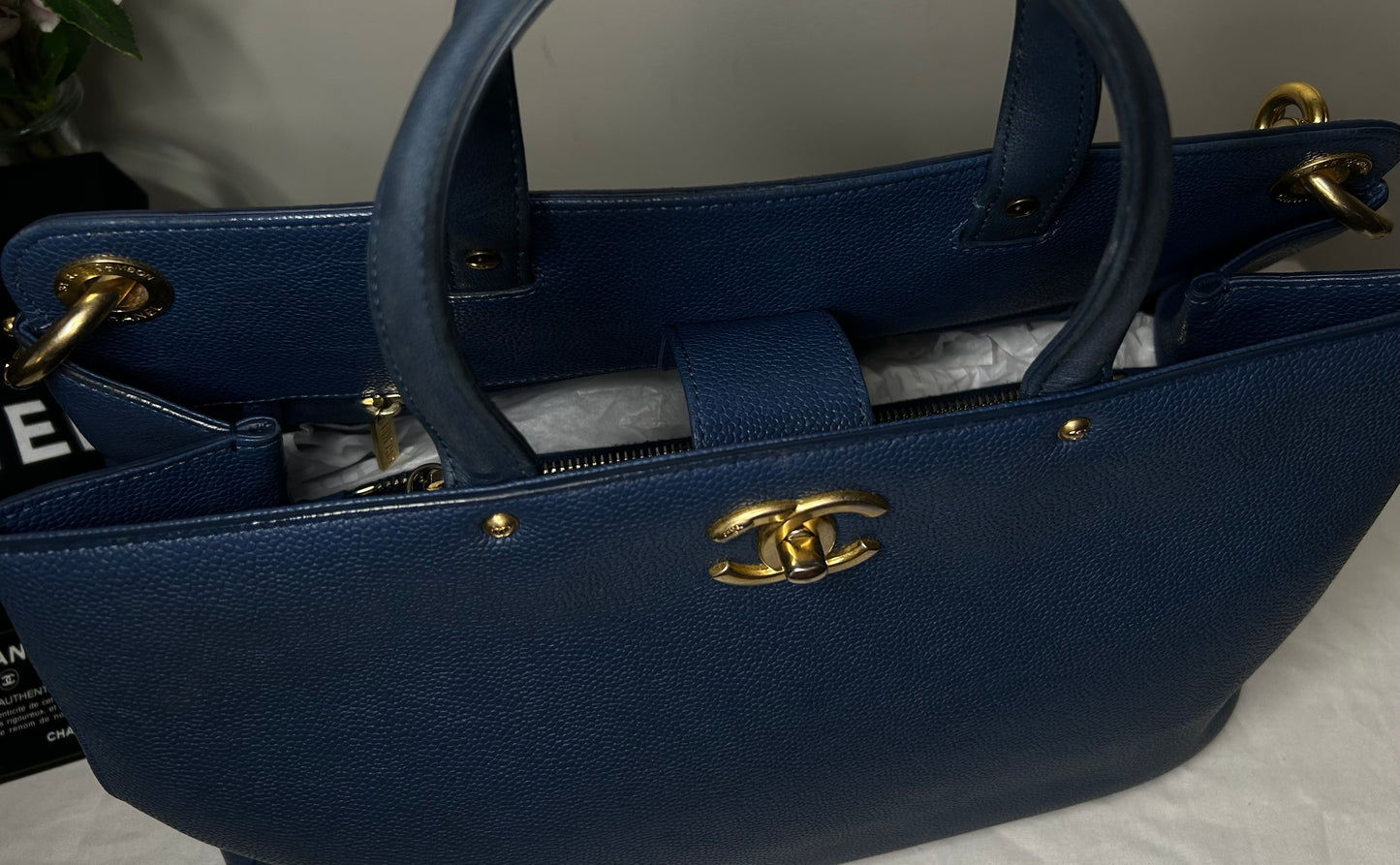 CHANEL CC Lock Large Shopping Tote Bag Caviar Leather Navy Blue