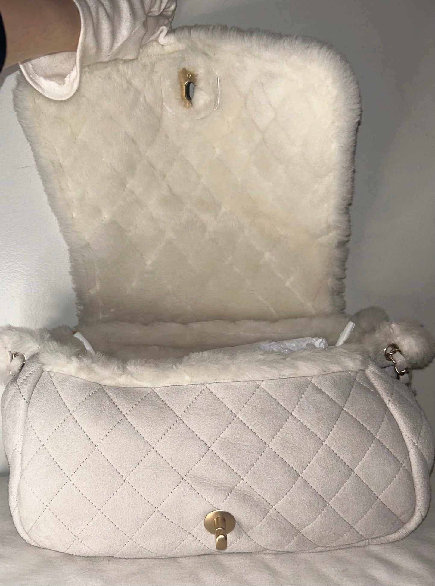 CHANEL CC Quilted Suede & Shearling Large Flap Shoulder Bag Ivory