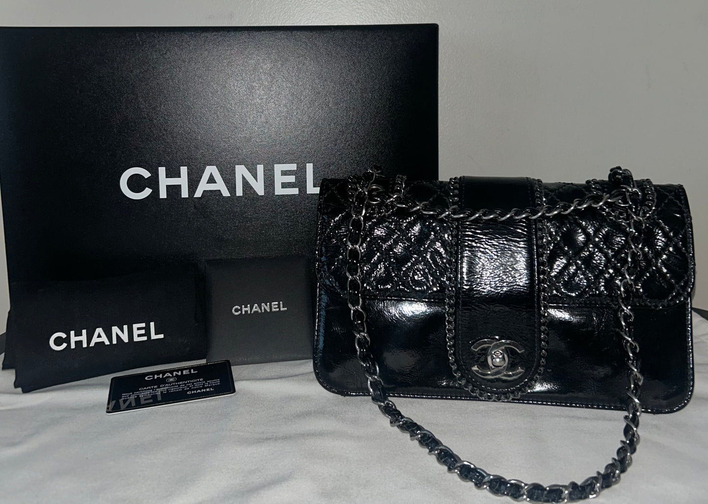 CHANEL Madison Medium Quilted Flap Shoulder Bag Patent Leather Black