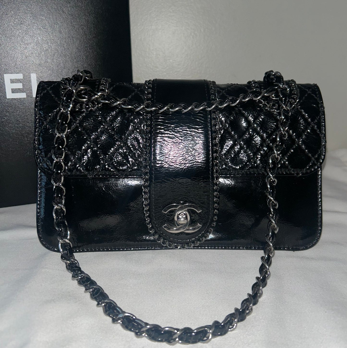 CHANEL Madison Medium Quilted Flap Shoulder Bag Patent Leather Black