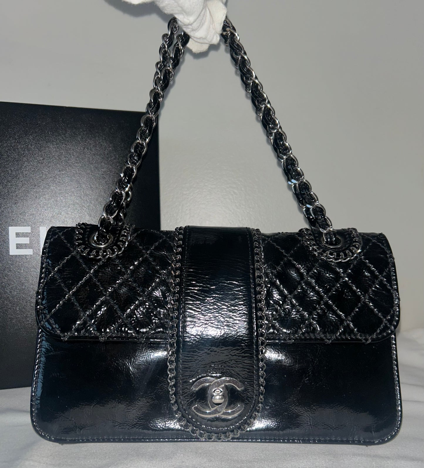 CHANEL Madison Medium Quilted Flap Shoulder Bag Patent Leather Black