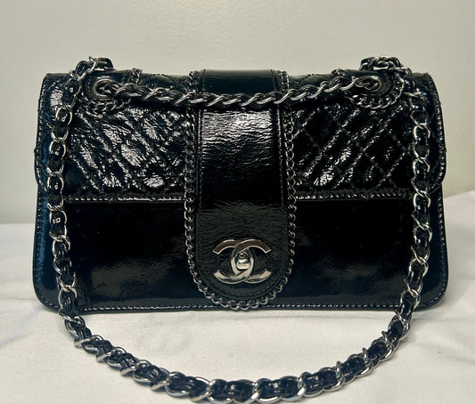 CHANEL Madison Medium Quilted Flap Shoulder Bag Patent Leather Black