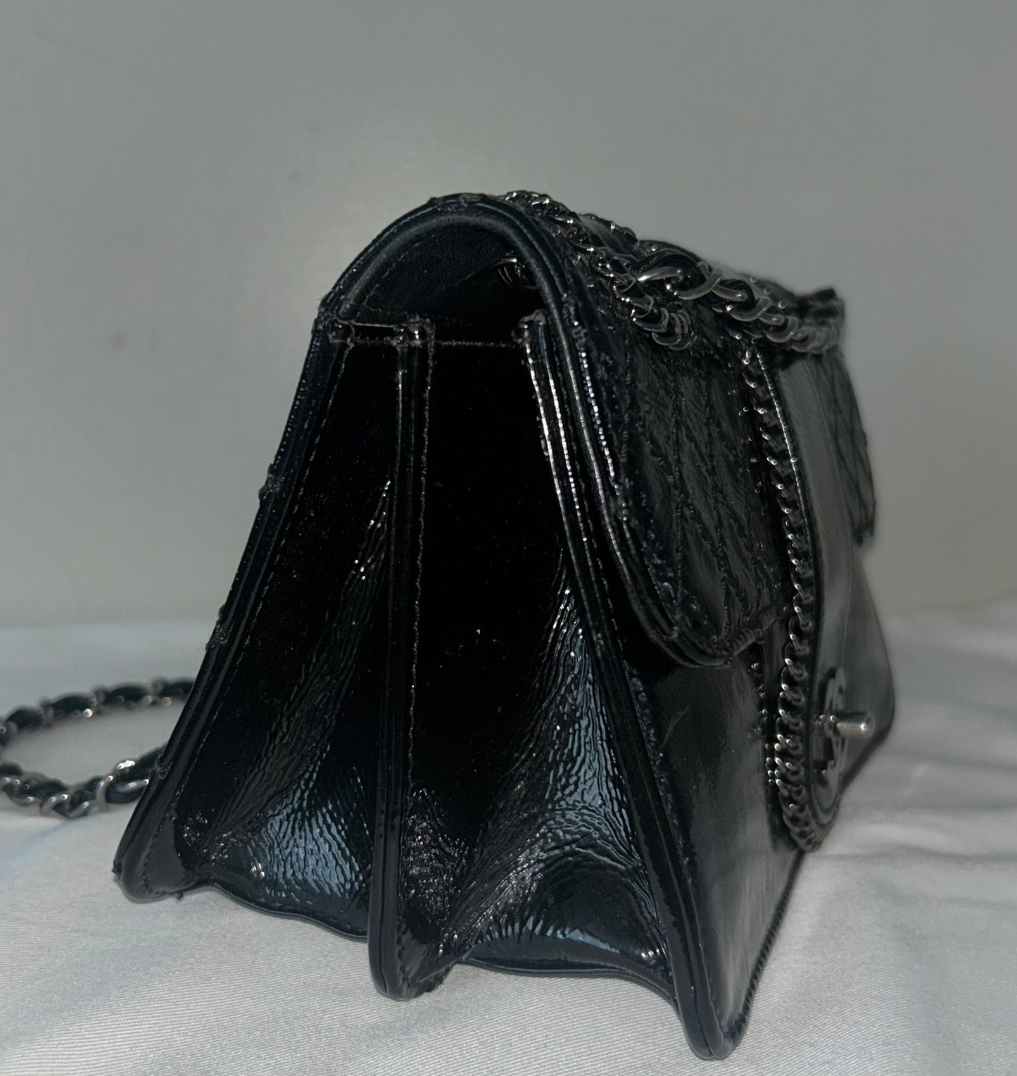 CHANEL Madison Medium Quilted Flap Shoulder Bag Patent Leather Black