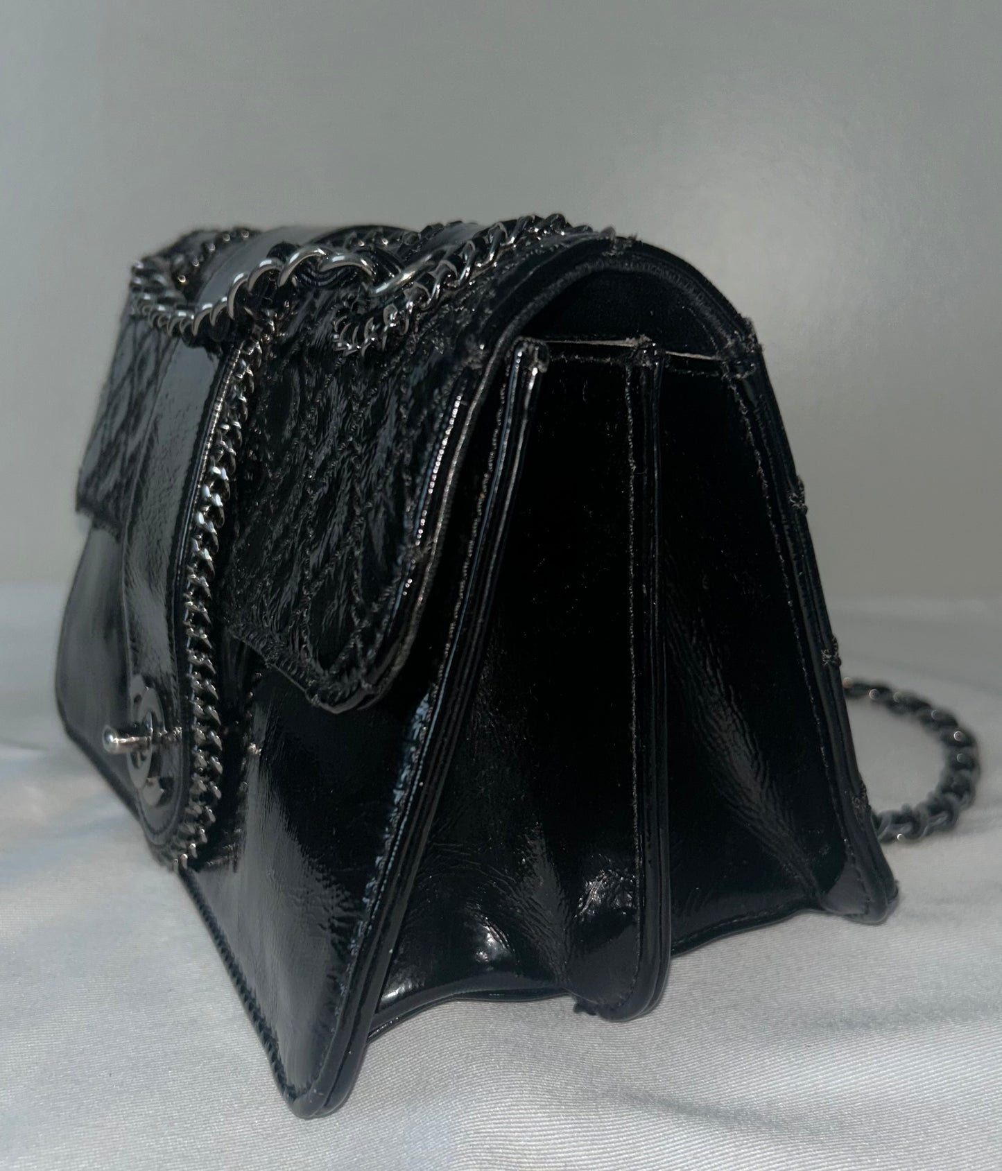 CHANEL Madison Medium Quilted Flap Shoulder Bag Patent Leather Black