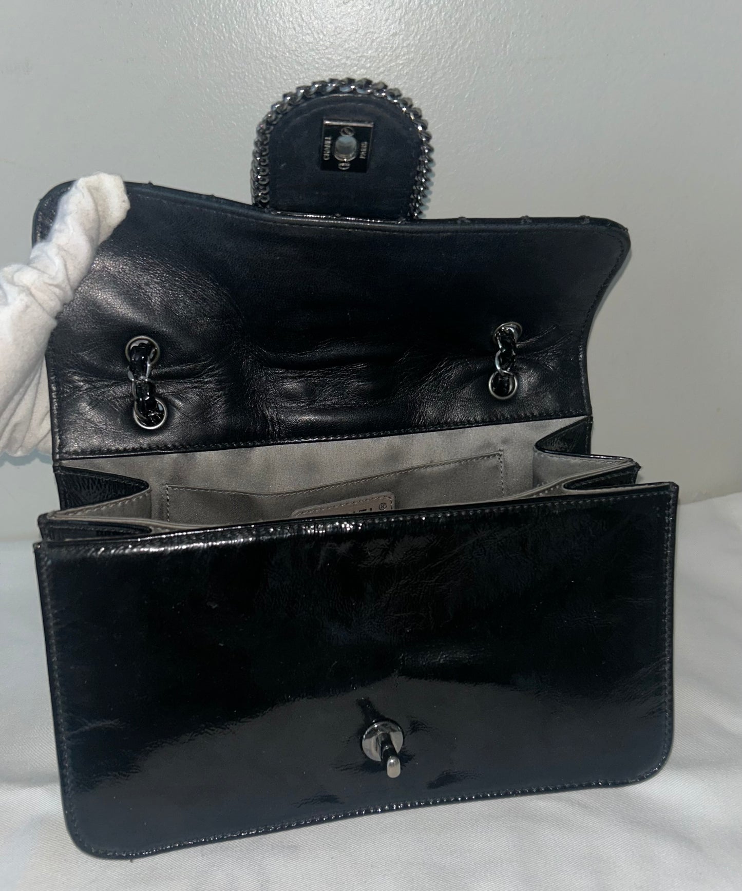 CHANEL Madison Medium Quilted Flap Shoulder Bag Patent Leather Black