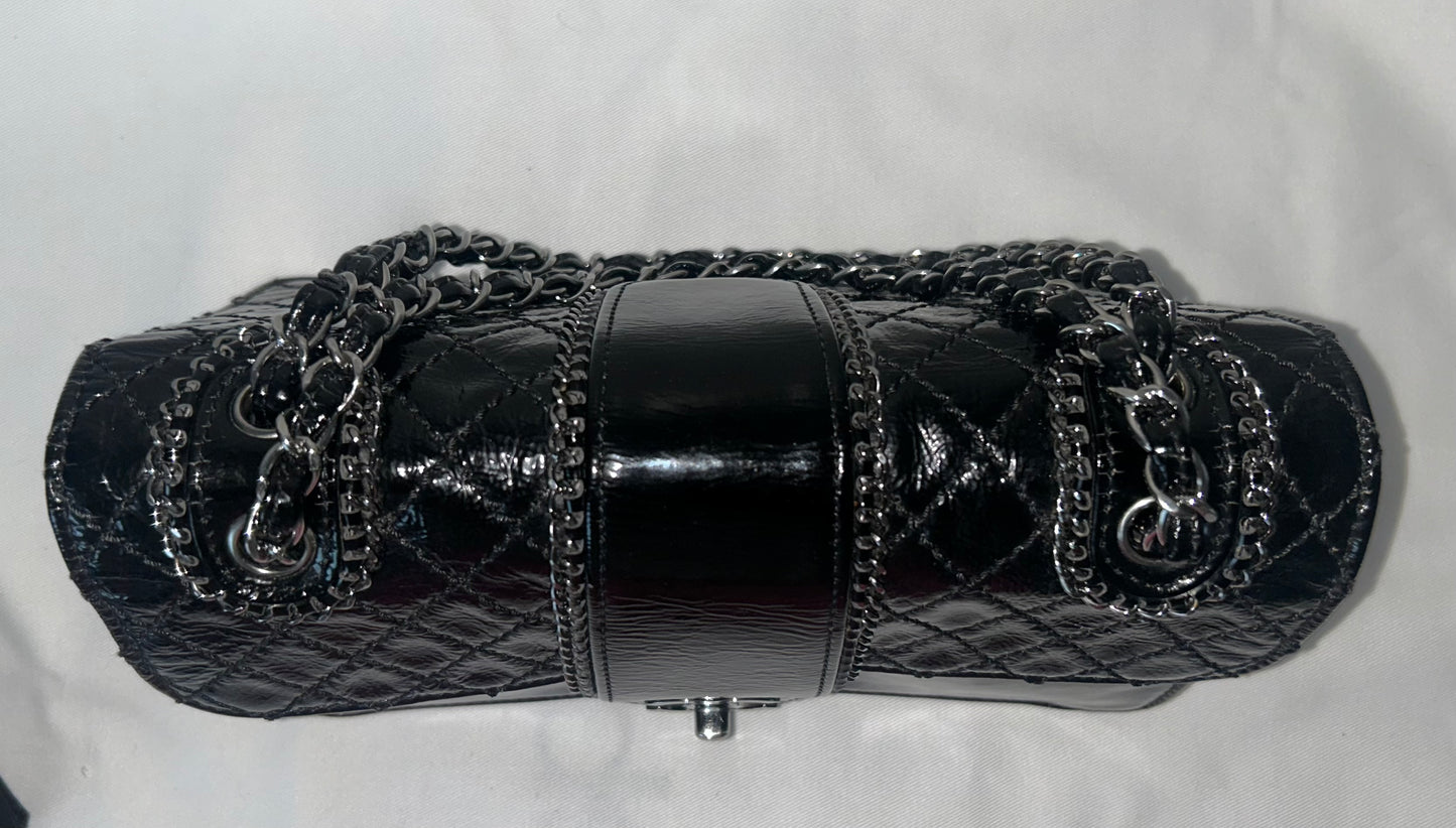 CHANEL Madison Medium Quilted Flap Shoulder Bag Patent Leather Black