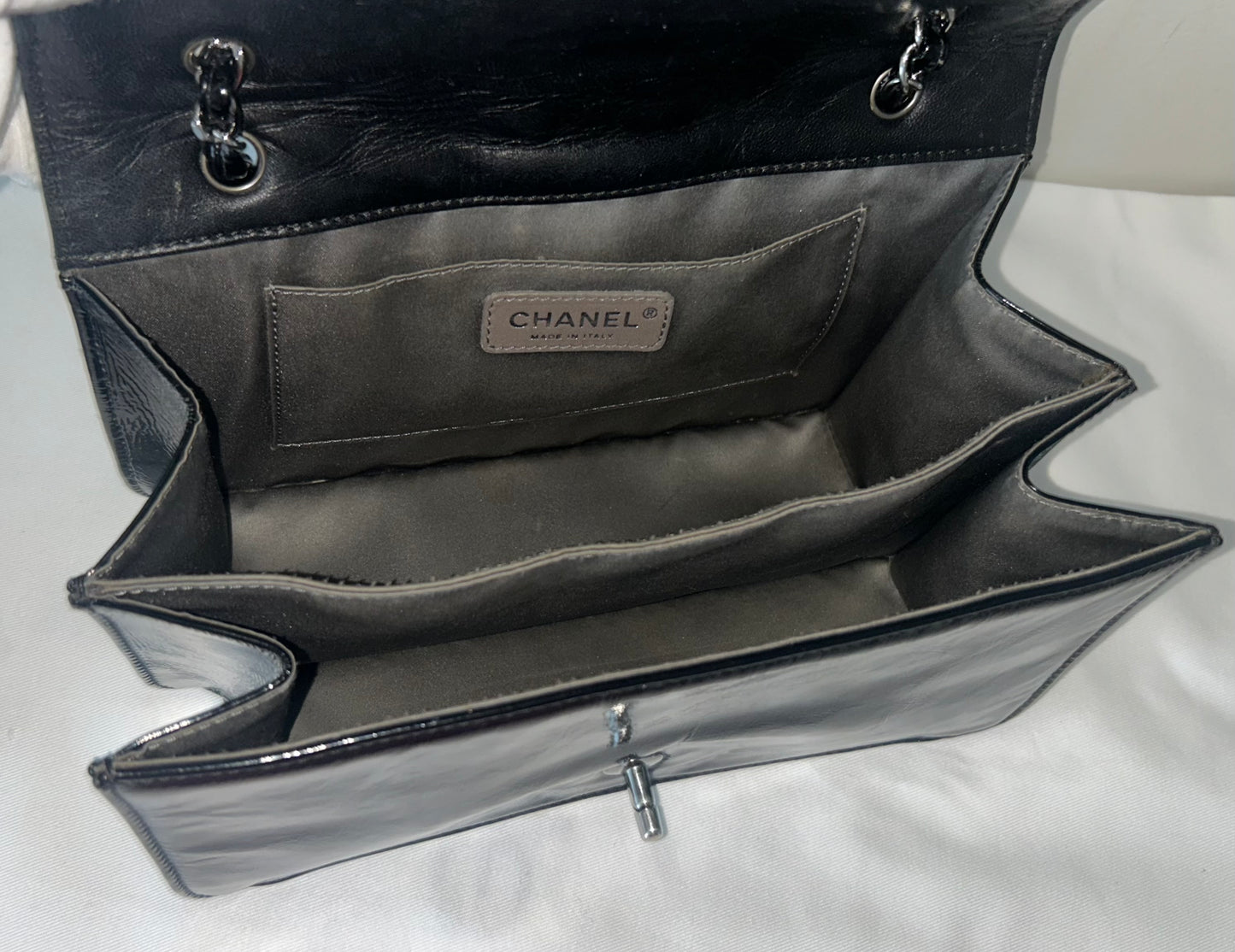CHANEL Madison Medium Quilted Flap Shoulder Bag Patent Leather Black