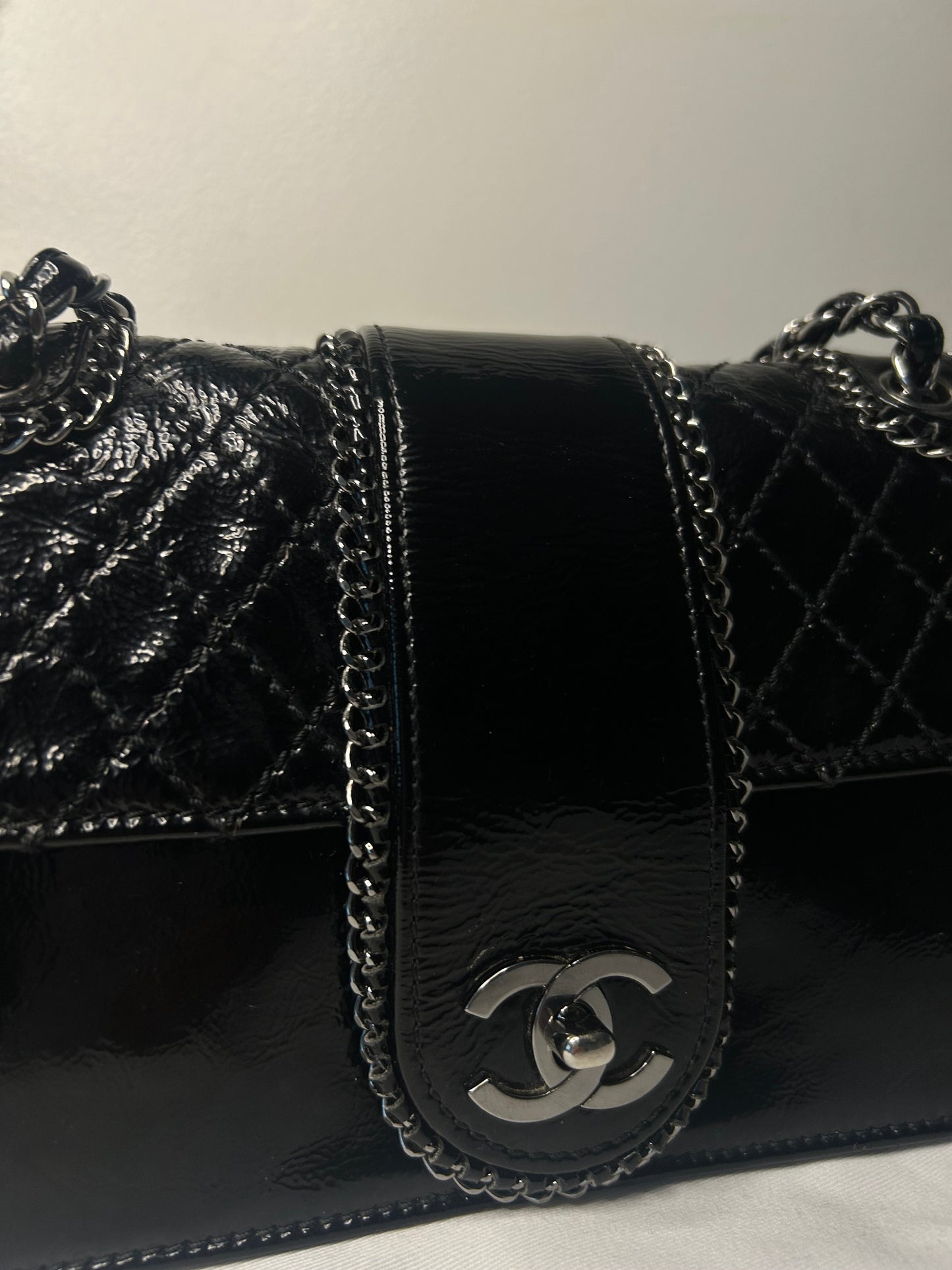 CHANEL Madison Medium Quilted Flap Shoulder Bag Patent Leather Black