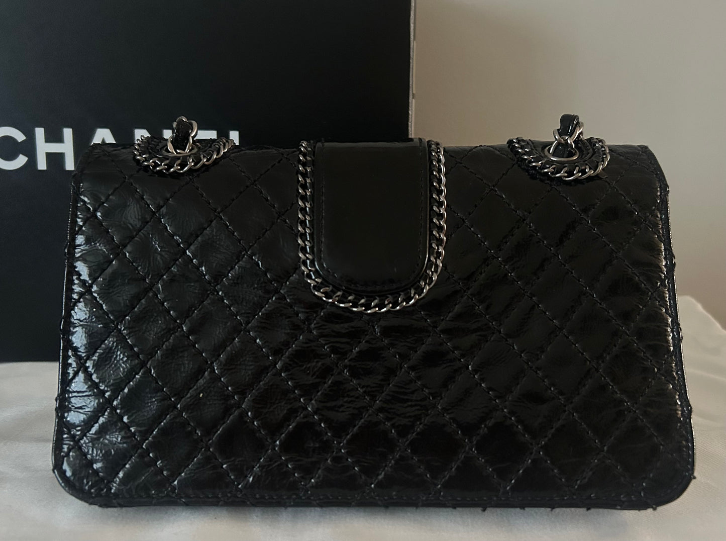 CHANEL Madison Medium Quilted Flap Shoulder Bag Patent Leather Black