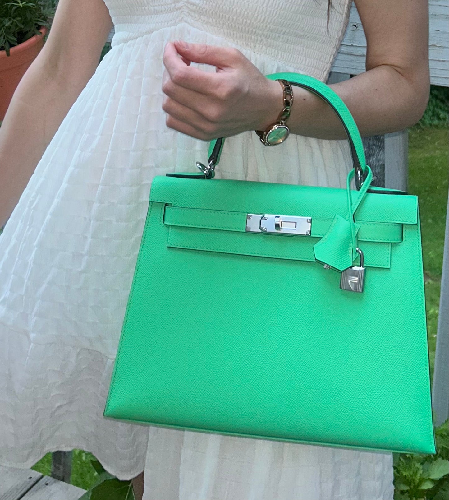 HERMÈS Kelly Sellier 28 Vert Comics Epsom Palladium Hardware Handbag