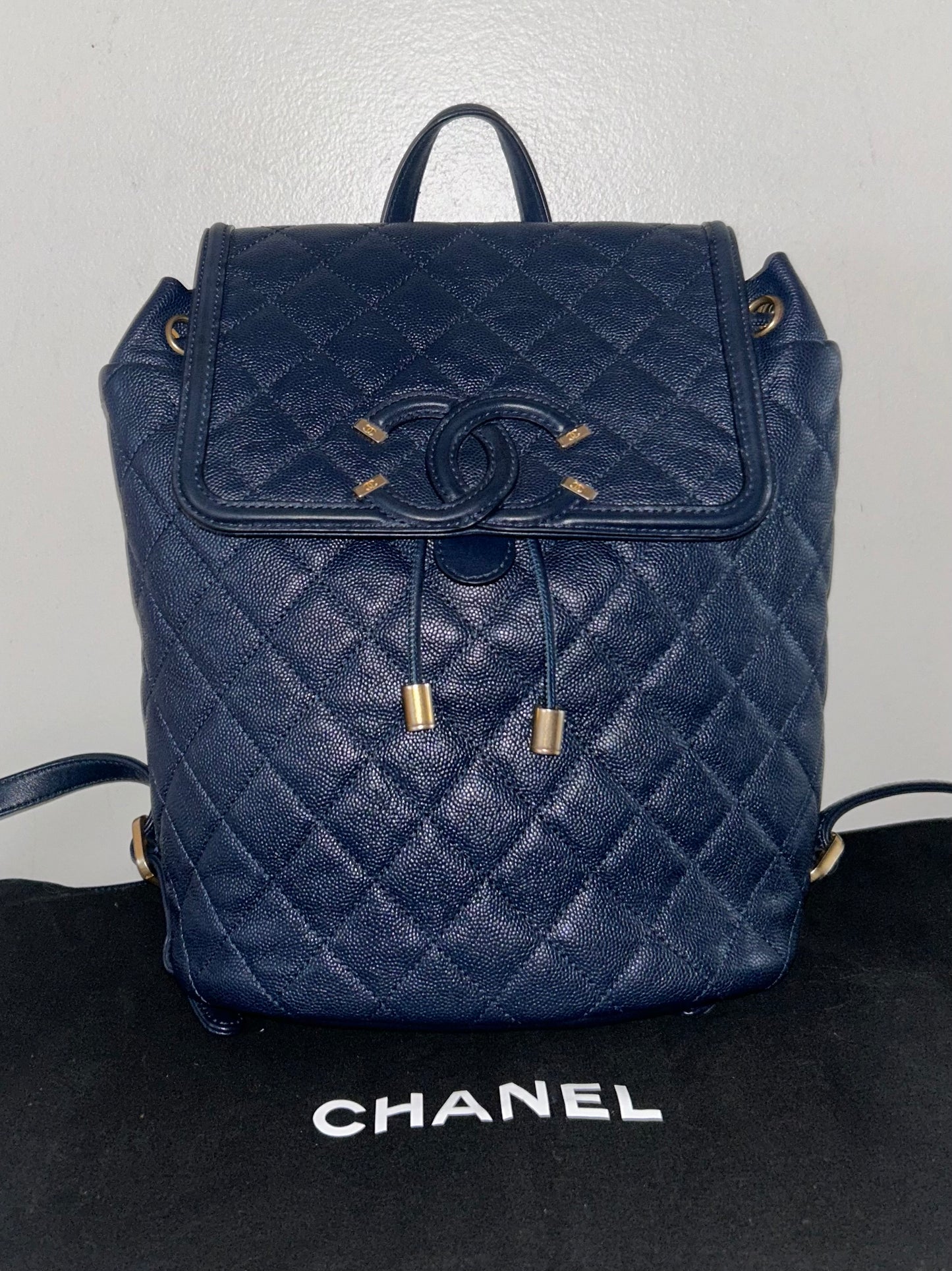 CHANEL Filigree Caviar Quilted Leather Backpack Navy