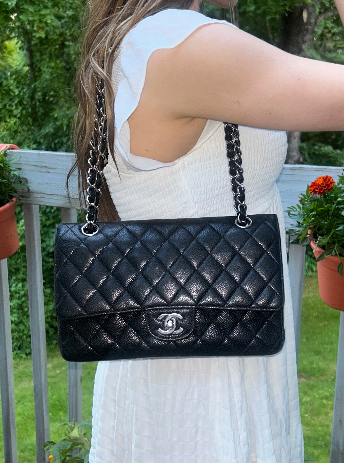 CHANEL Medium Classic Double Flap Caviar Quilted Handbag Black
