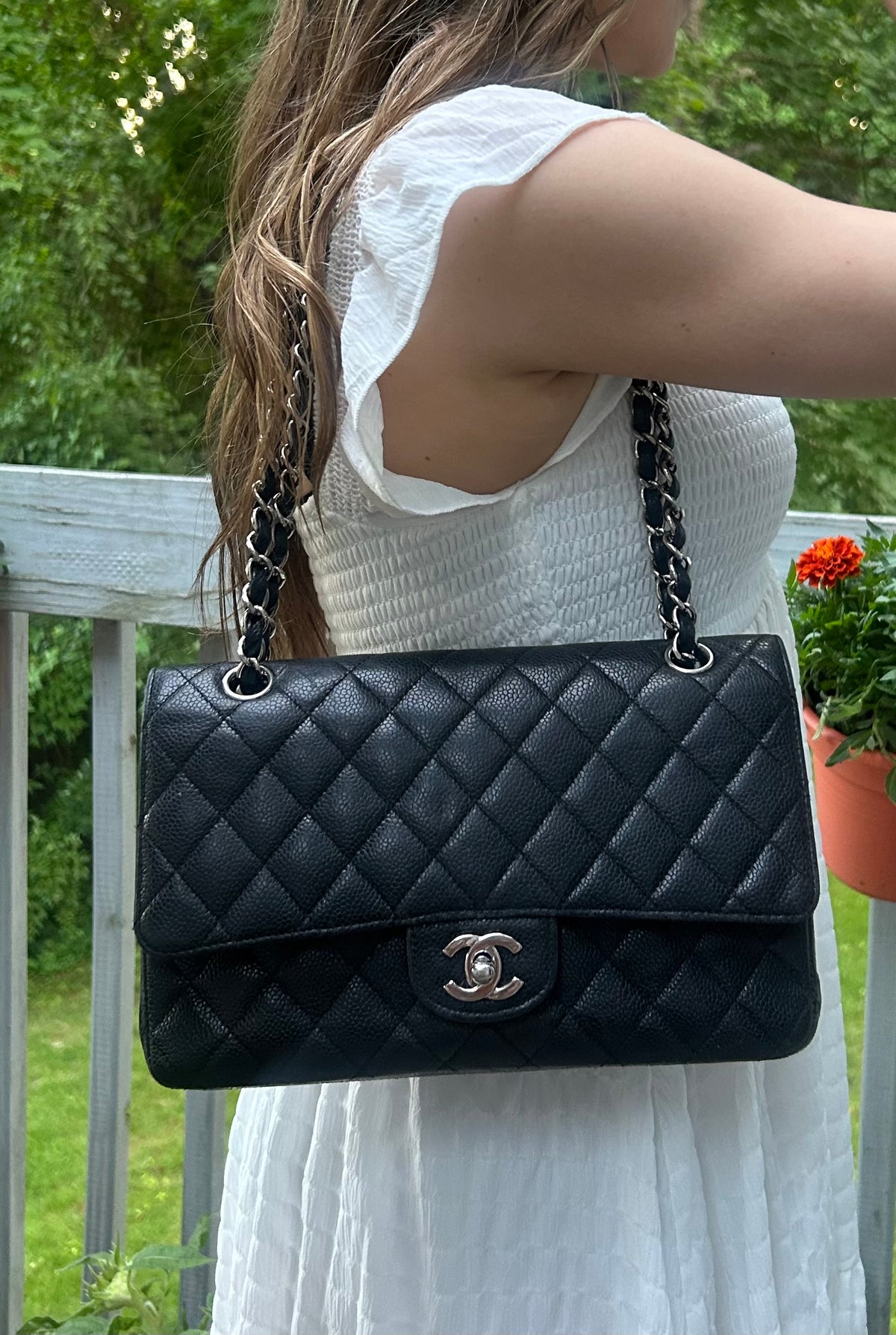 CHANEL Medium Classic Double Flap Caviar Quilted Handbag Black
