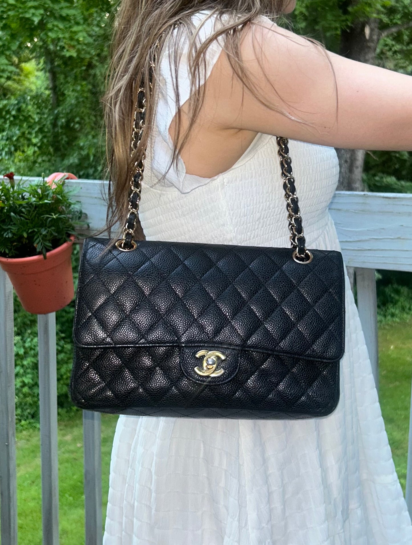 CHANEL Medium Classic Double Flap Caviar Quilted Handbag Black / Gold Hardware