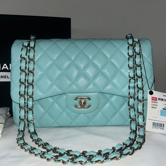 CHANEL 19C Classic Jumbo Double Flap Quilted Caviar Handbag Tiffany Blue/Light Gold