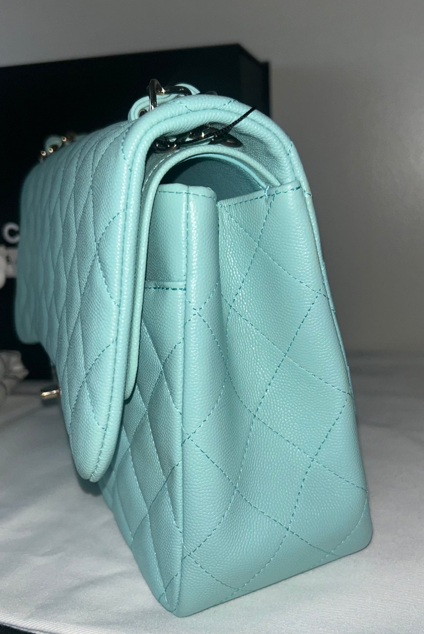CHANEL 19C Classic Jumbo Double Flap Quilted Caviar Handbag Tiffany Blue/Light Gold