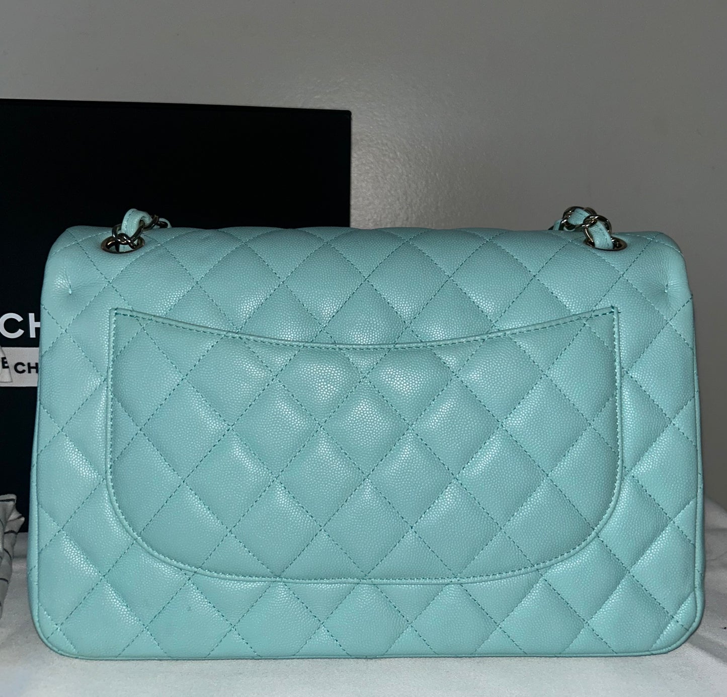 CHANEL 19C Classic Jumbo Double Flap Quilted Caviar Handbag Tiffany Blue/Light Gold