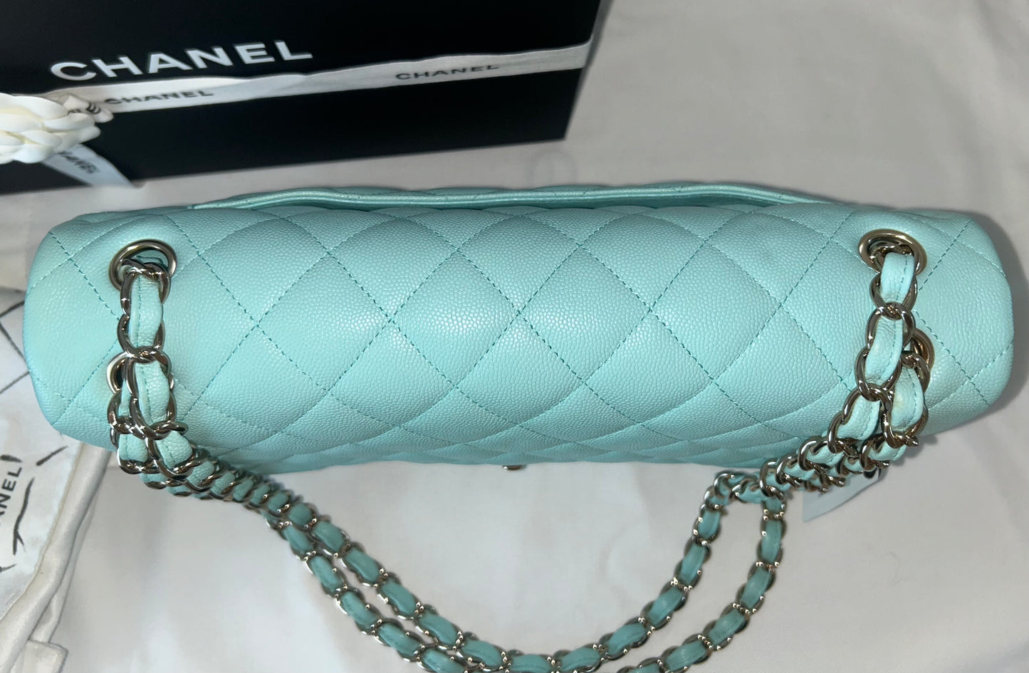 CHANEL 19C Classic Jumbo Double Flap Quilted Caviar Handbag Tiffany Blue/Light Gold