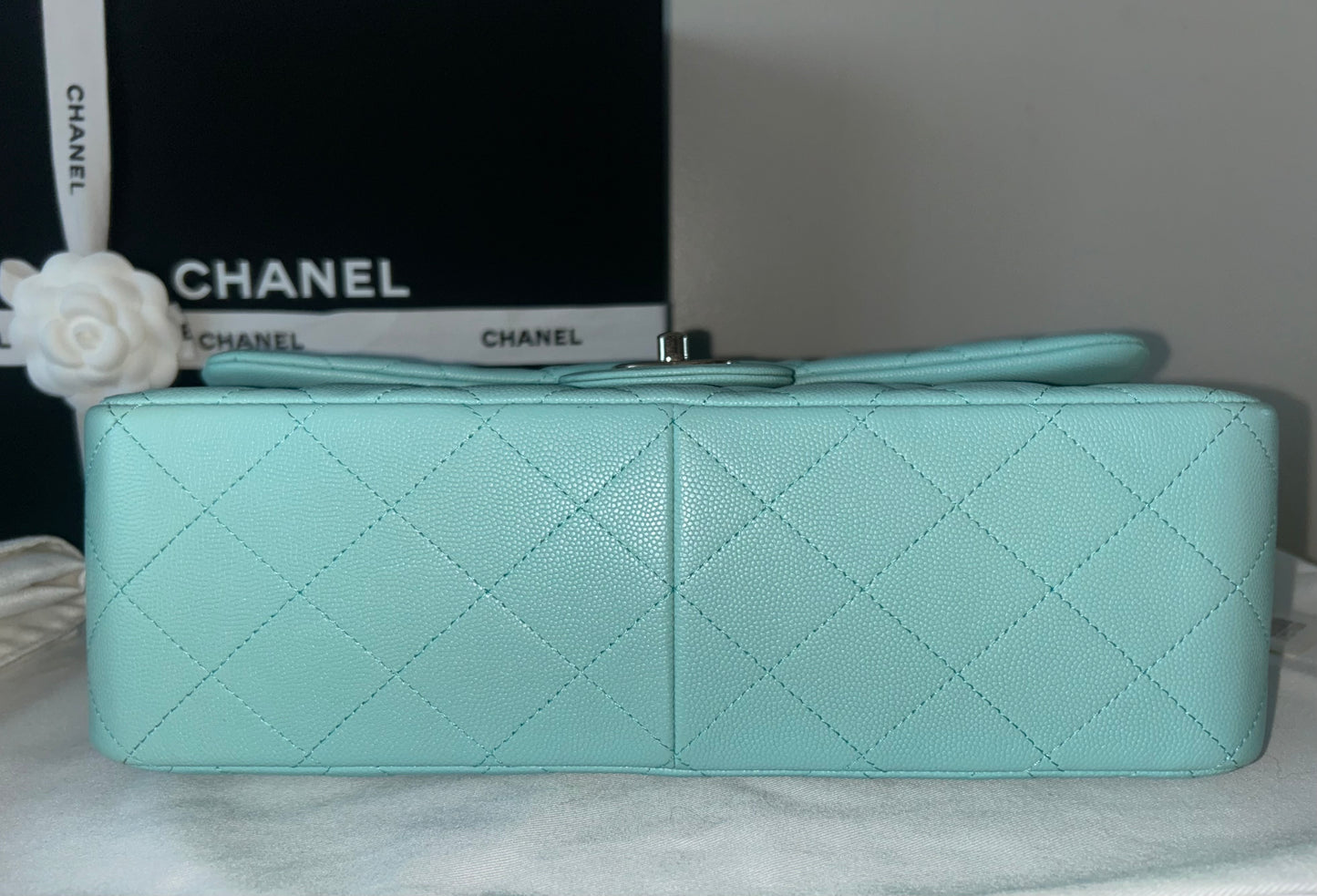 CHANEL 19C Classic Jumbo Double Flap Quilted Caviar Handbag Tiffany Blue/Light Gold
