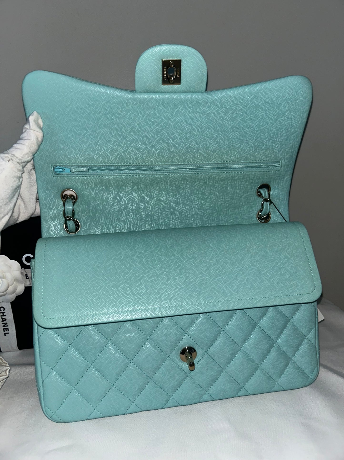 CHANEL 19C Classic Jumbo Double Flap Quilted Caviar Handbag Tiffany Blue/Light Gold