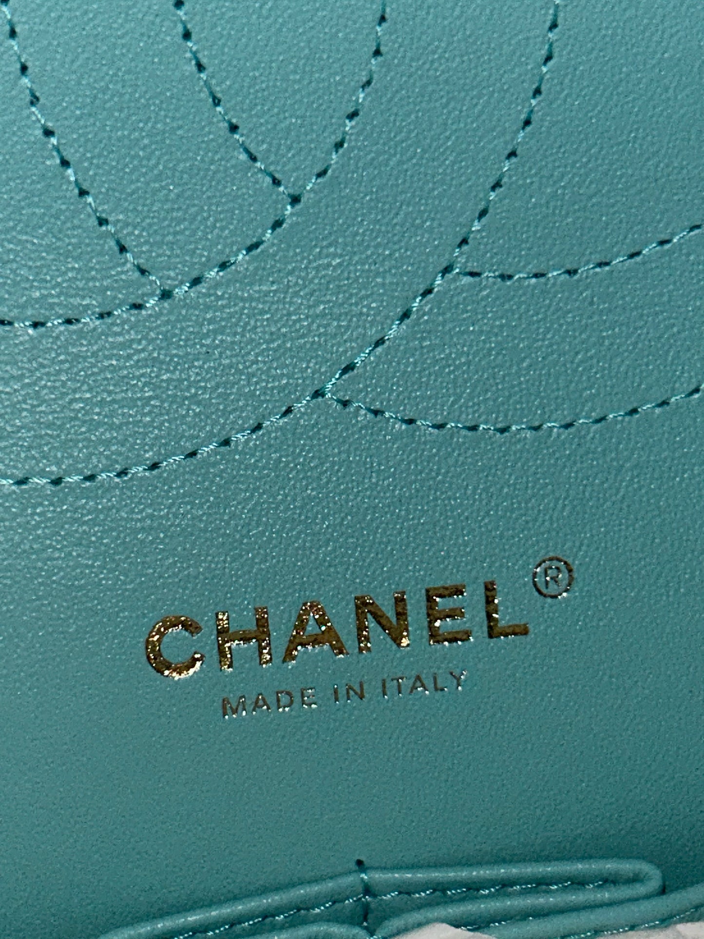 CHANEL 19C Classic Jumbo Double Flap Quilted Caviar Handbag Tiffany Blue/Light Gold