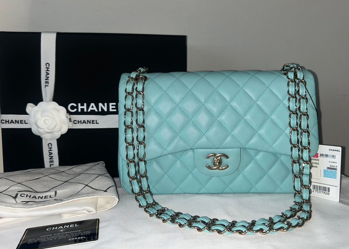 CHANEL 19C Classic Jumbo Double Flap Quilted Caviar Handbag Tiffany Blue/Light Gold