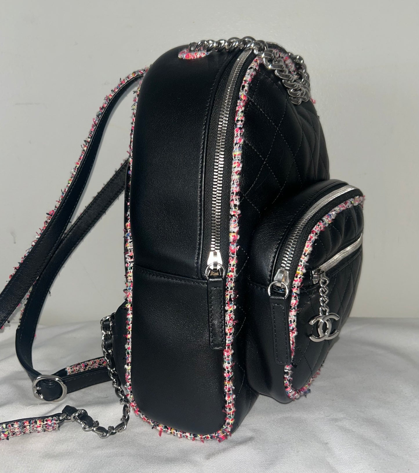 CHANEL Elegant Trim Quilted Leather Tweed Small Backpack Black