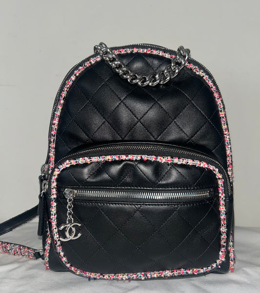 CHANEL Elegant Trim Quilted Leather Tweed Small Backpack Black