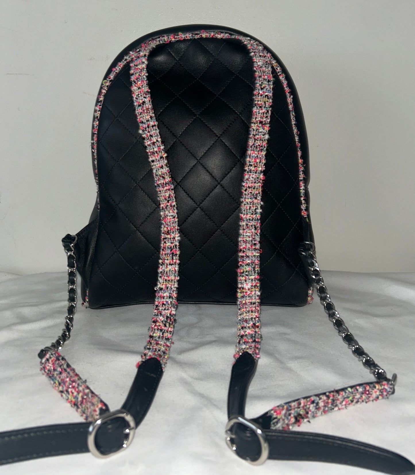 CHANEL Elegant Trim Quilted Leather Tweed Small Backpack Black
