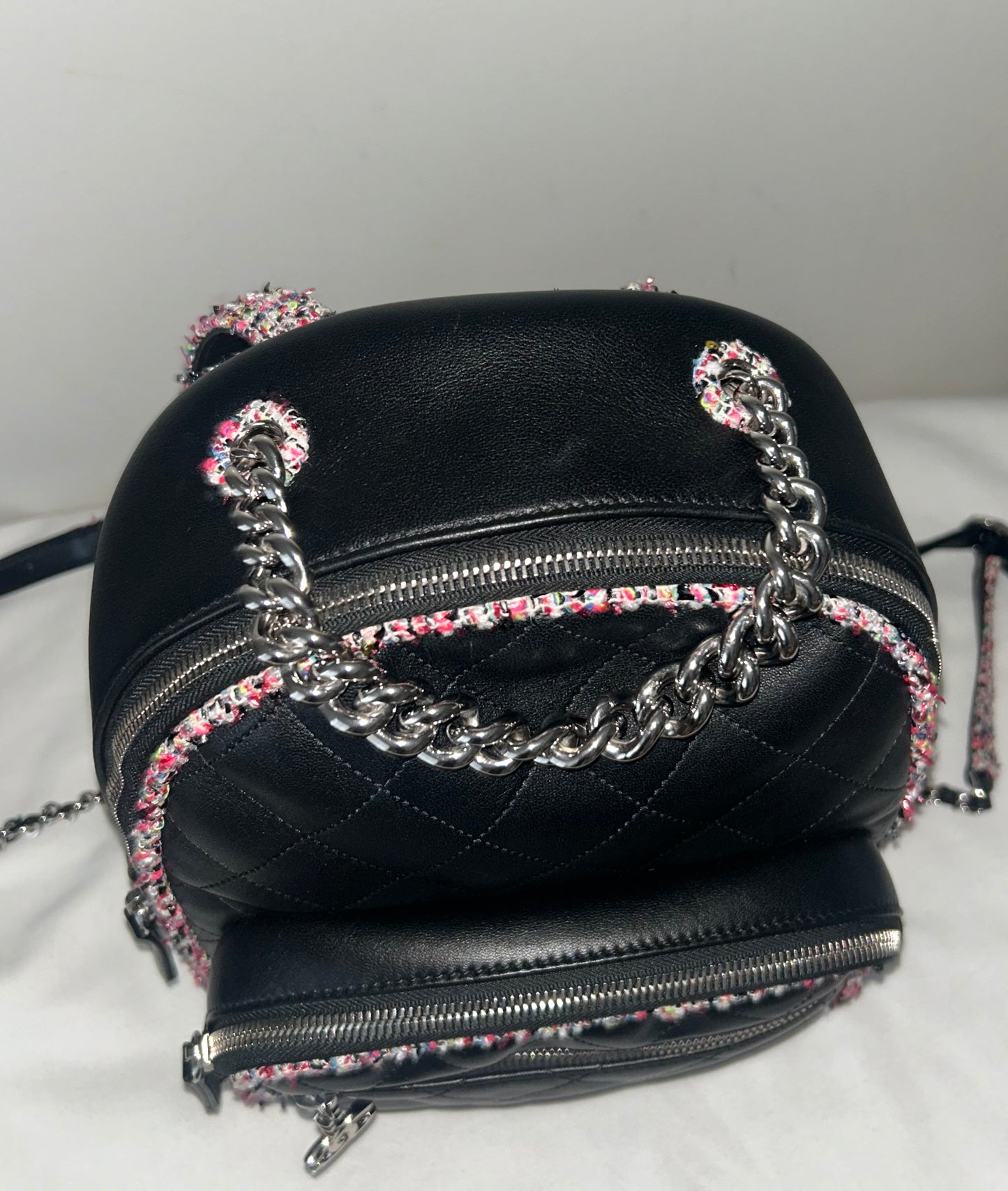 CHANEL Elegant Trim Quilted Leather Tweed Small Backpack Black