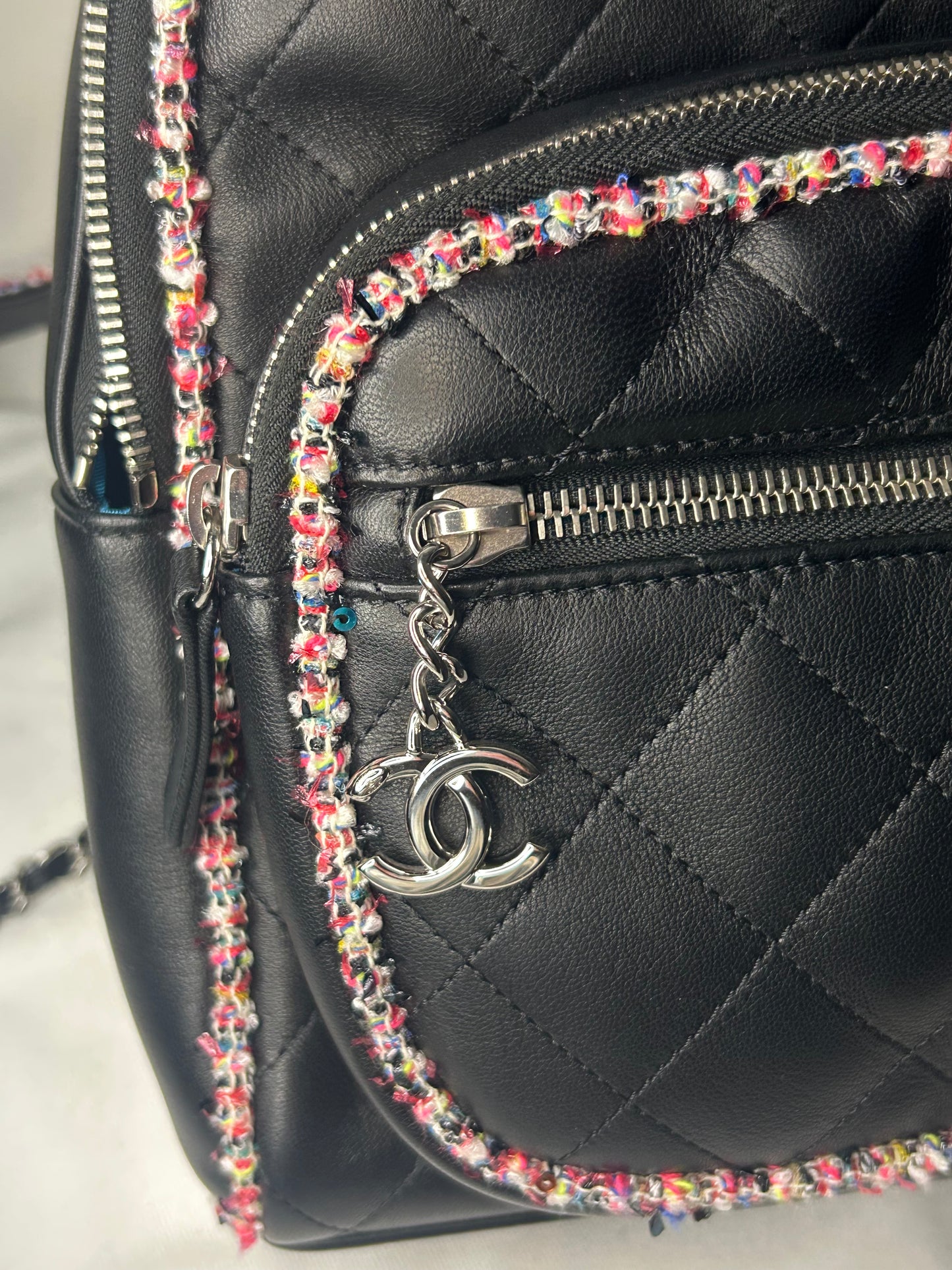 CHANEL Elegant Trim Quilted Leather Tweed Small Backpack Black