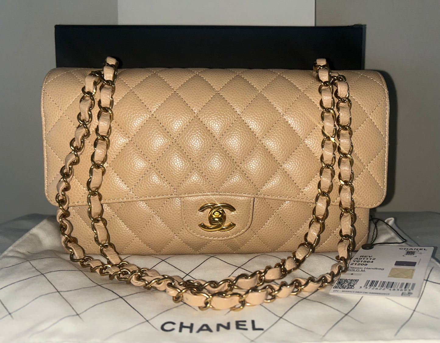 CHANEL 23S Classic Medium Double Flap Caviar Quilted Handbag Beige Clair/ Gold