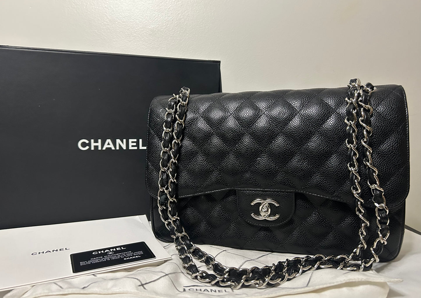 CHANEL Classic Jumbo Double Flap Quilted Caviar Leather Handbag Black