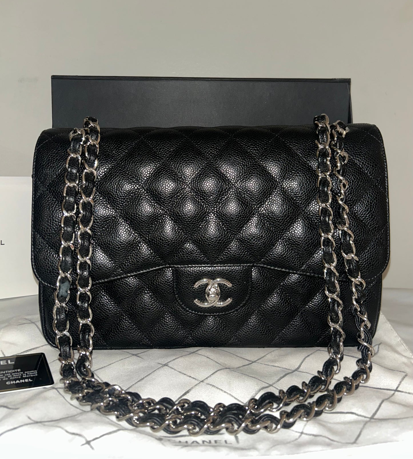 CHANEL Classic Jumbo Double Flap Quilted Caviar Leather Handbag Black