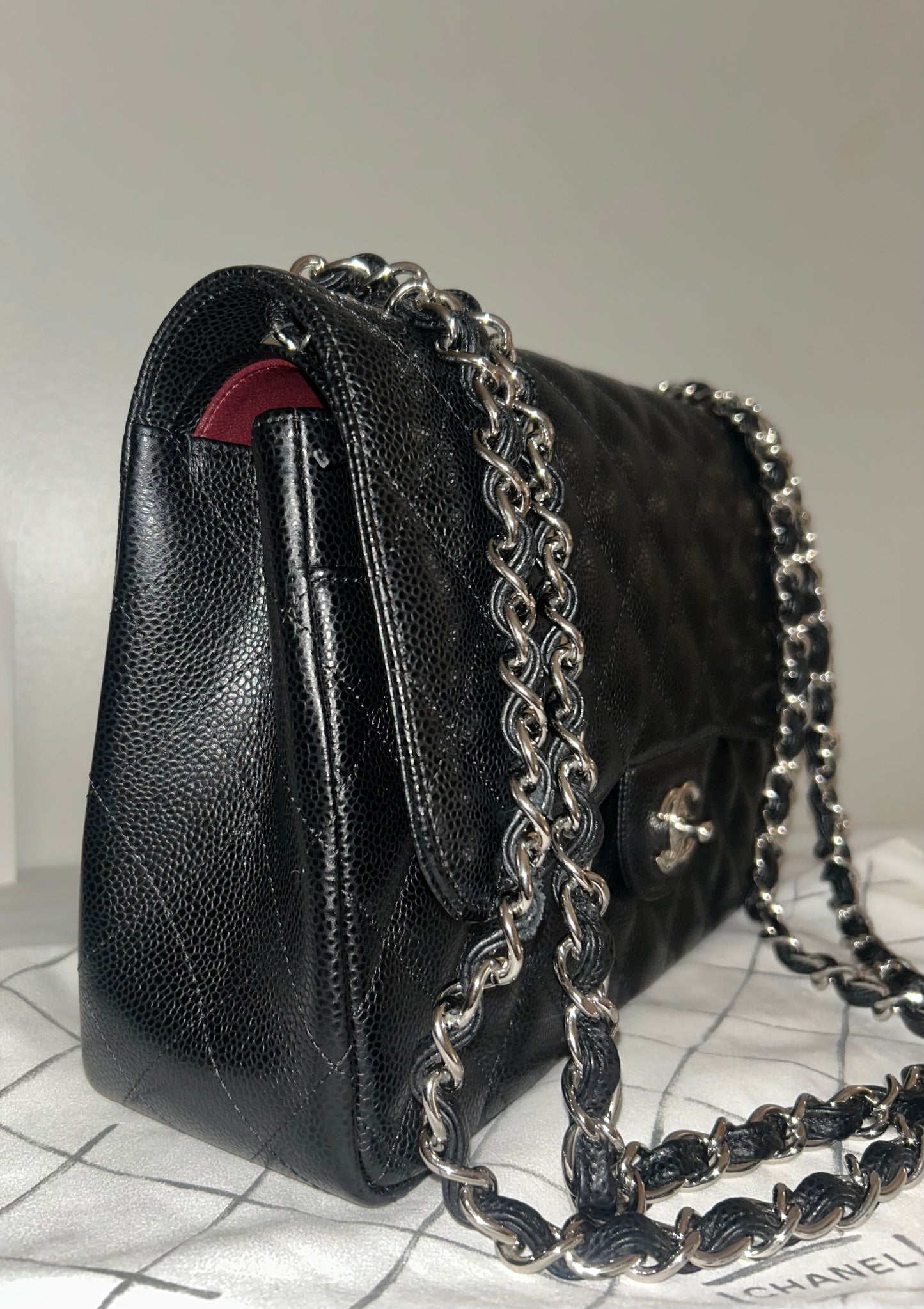 CHANEL Classic Jumbo Double Flap Quilted Caviar Leather Handbag Black