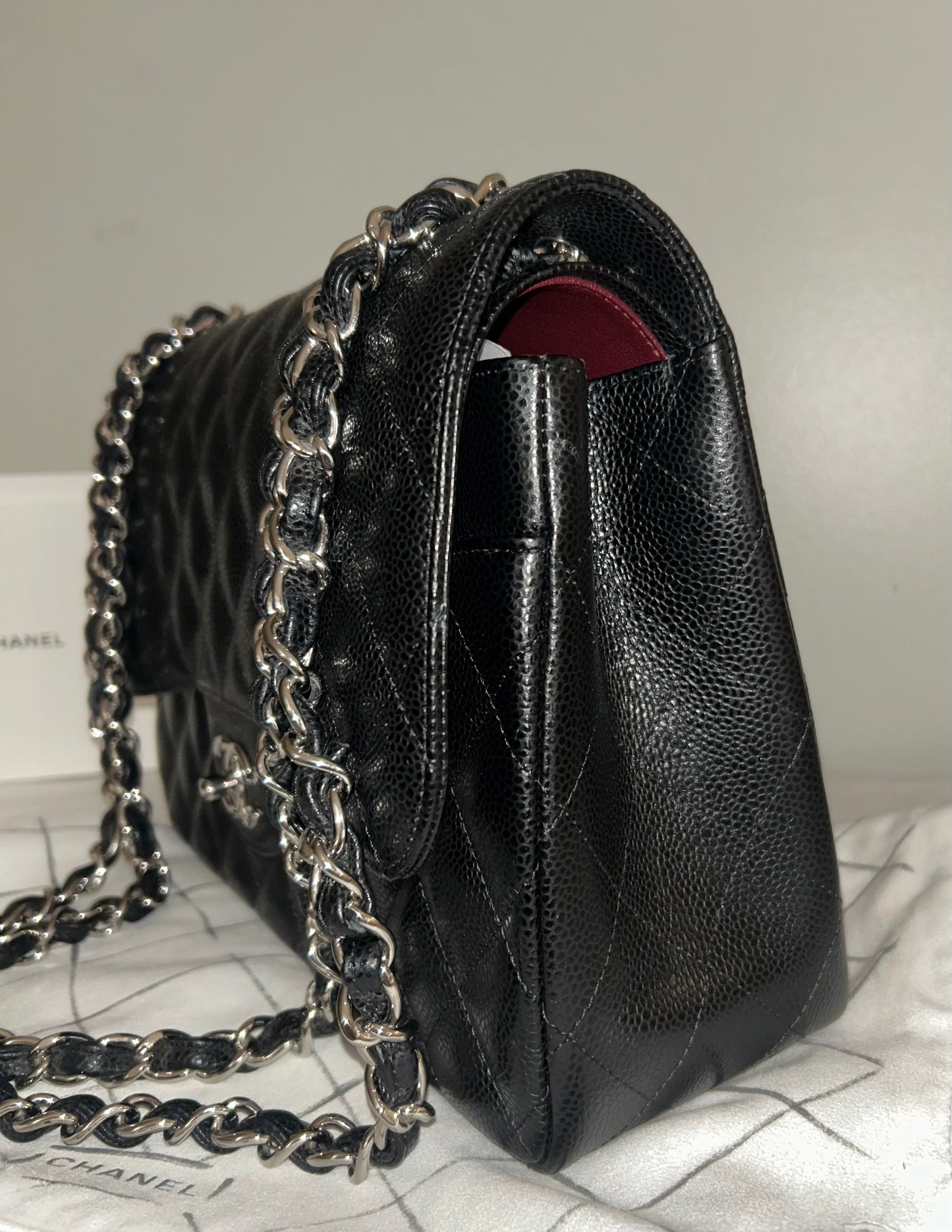 CHANEL Classic Jumbo Double Flap Quilted Caviar Leather Handbag Black