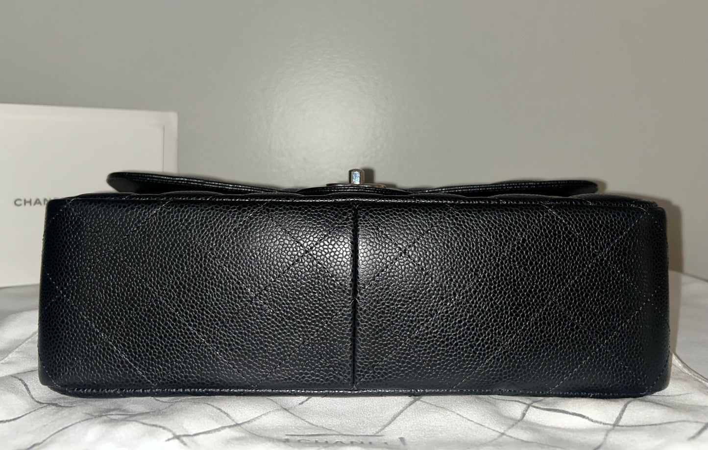 CHANEL Classic Jumbo Double Flap Quilted Caviar Leather Handbag Black