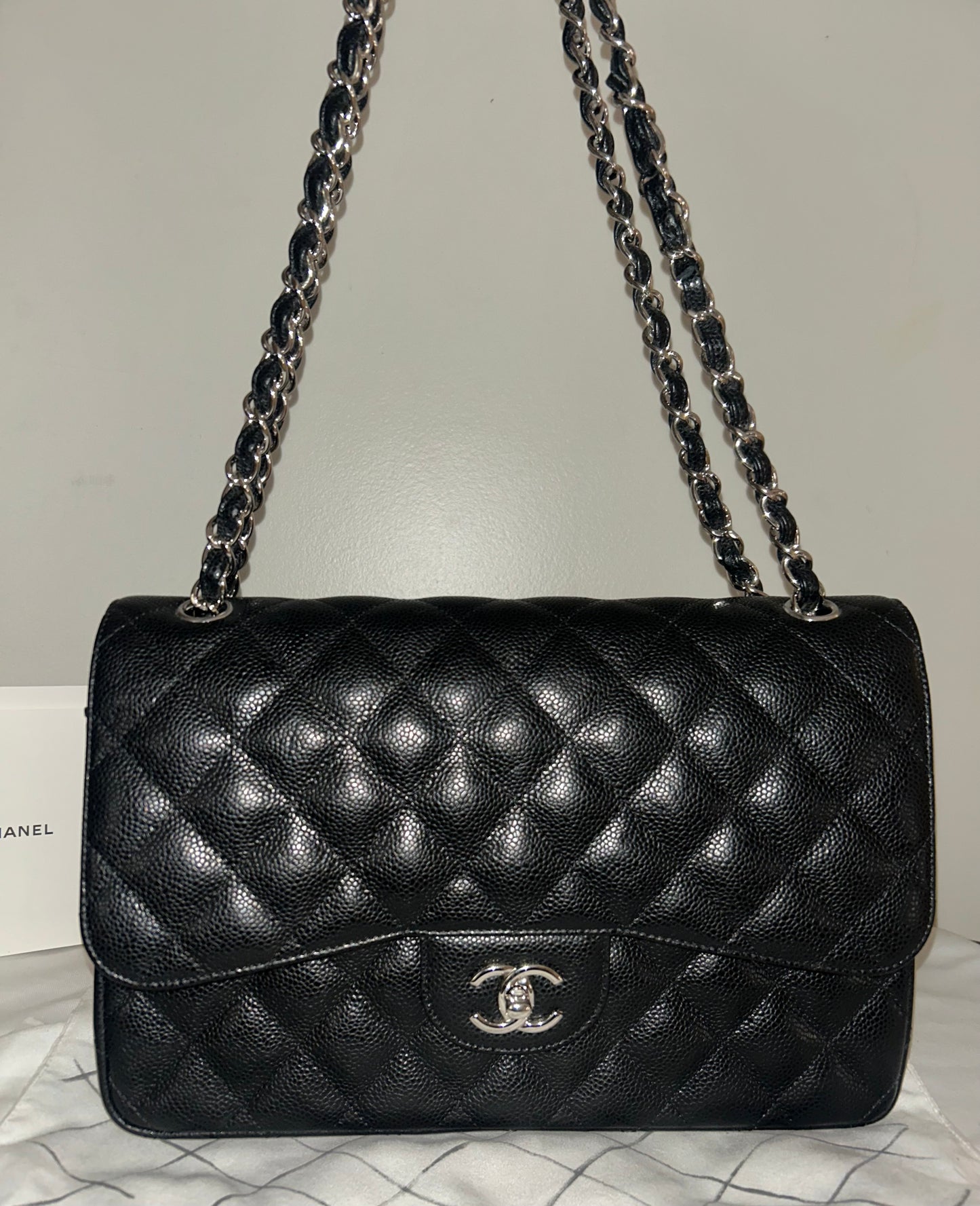 CHANEL Classic Jumbo Double Flap Quilted Caviar Leather Handbag Black