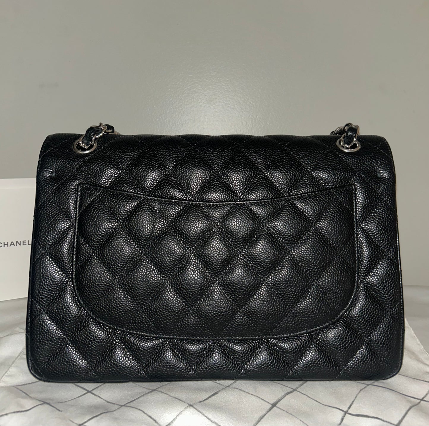 CHANEL Classic Jumbo Double Flap Quilted Caviar Leather Handbag Black