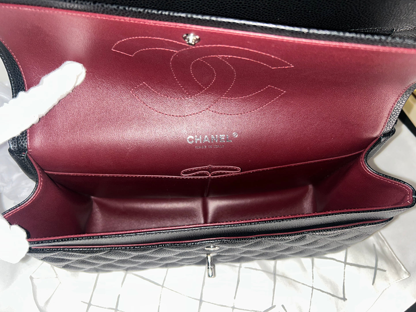 CHANEL Classic Jumbo Double Flap Quilted Caviar Leather Handbag Black