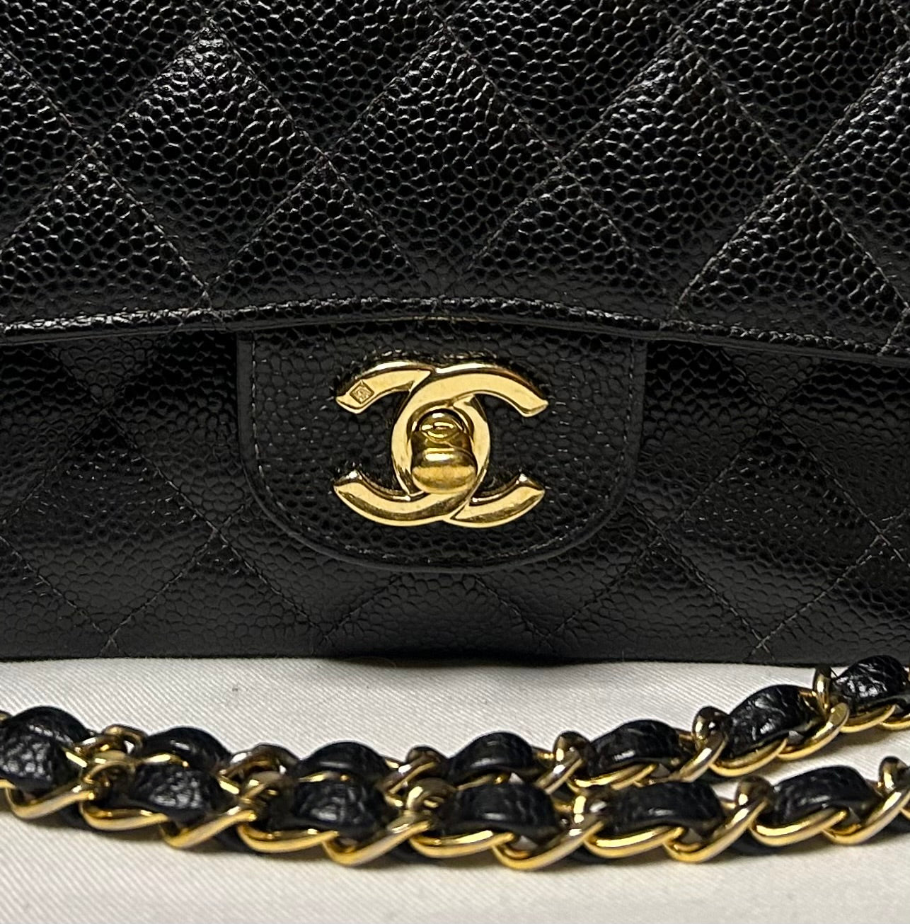 CHANEL Medium Classic Double Flap Caviar Quilted Handbag Black / 24k Gold