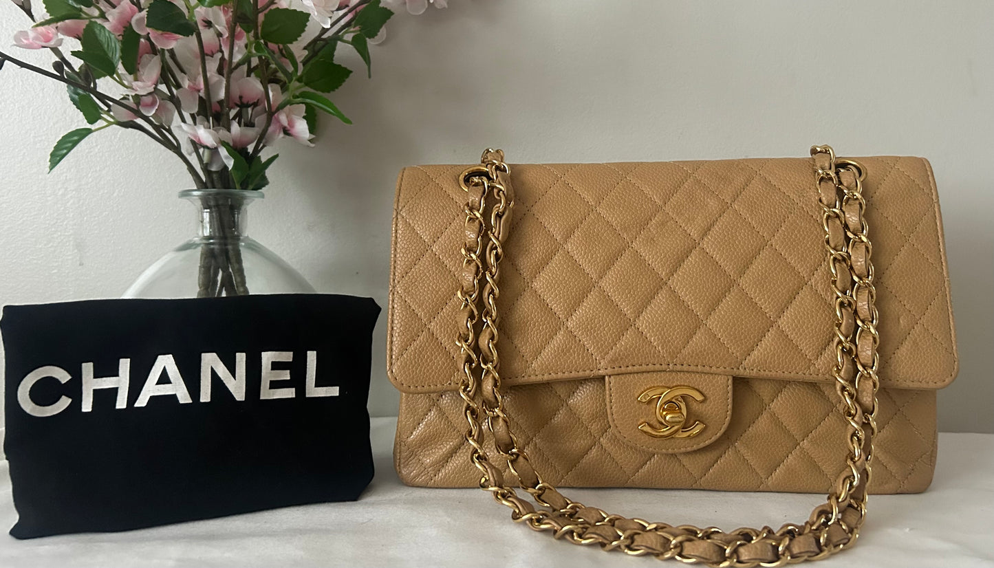 CHANEL Medium Classic Double Flap Caviar Quilted Handbag Beige/24k Gold