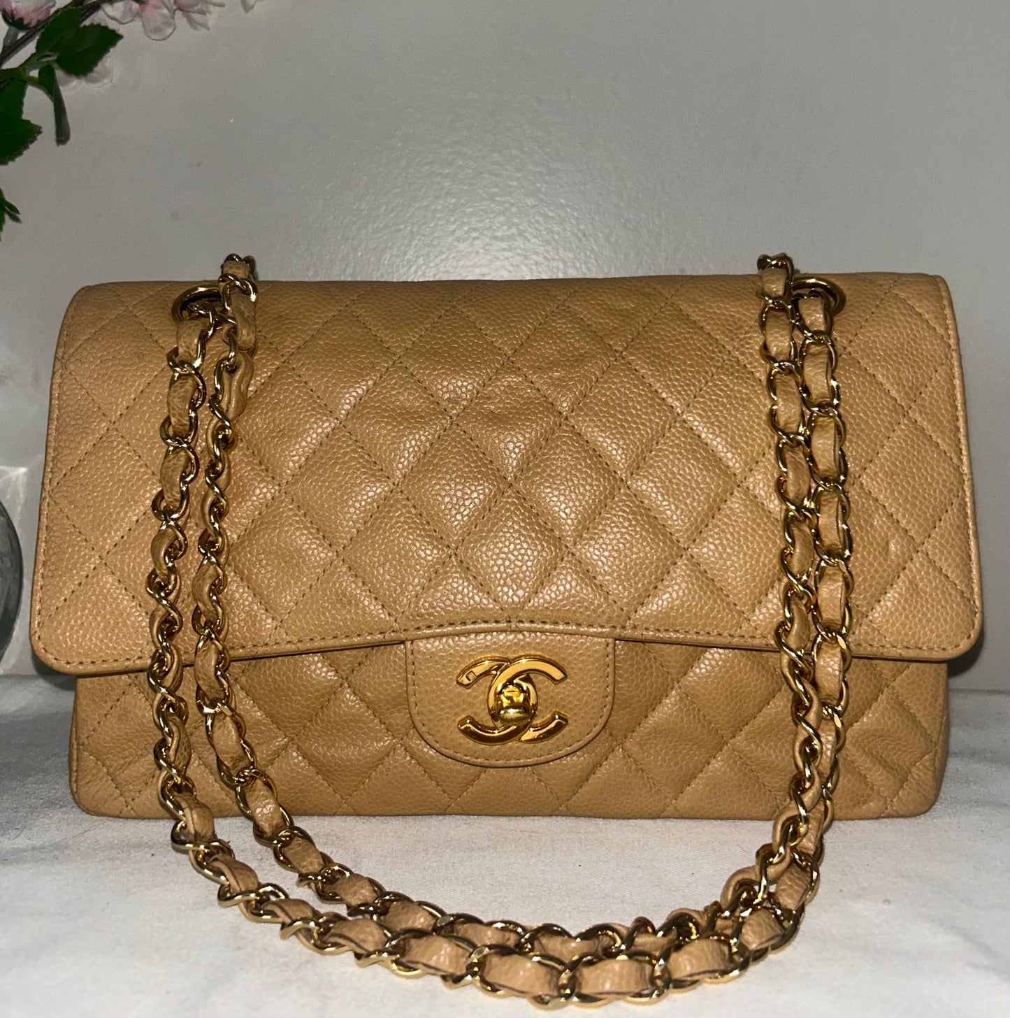 CHANEL Medium Classic Double Flap Caviar Quilted Handbag Beige/24k Gold