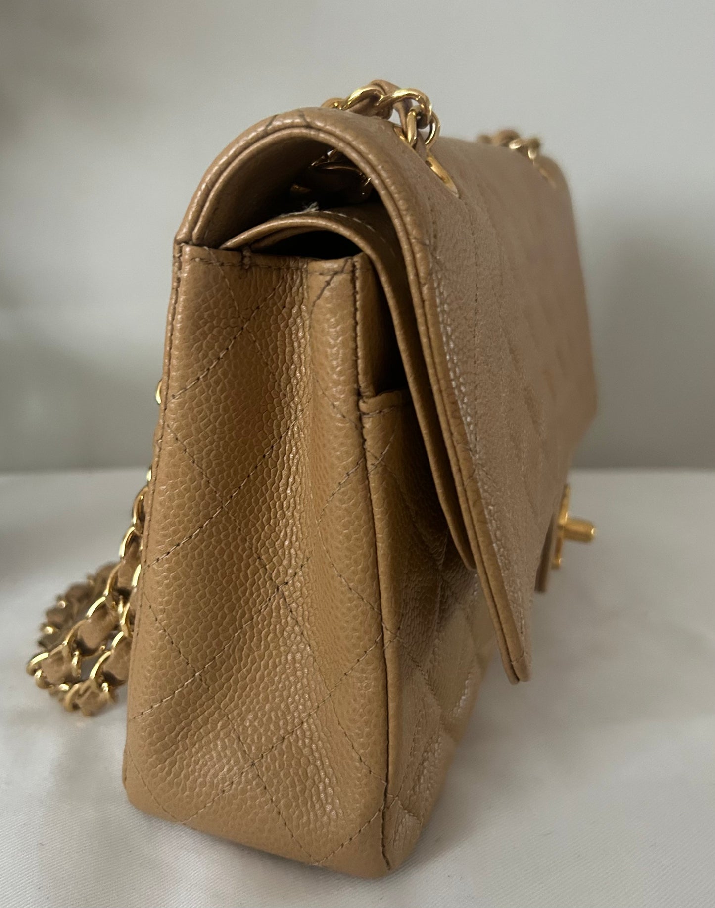CHANEL Medium Classic Double Flap Caviar Quilted Handbag Beige/24k Gold