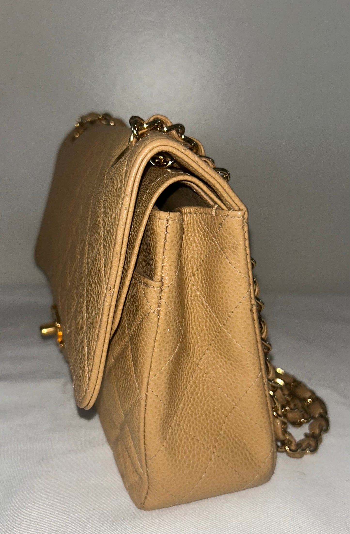 CHANEL Medium Classic Double Flap Caviar Quilted Handbag Beige/24k Gold